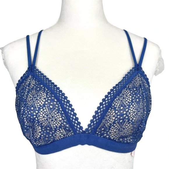 Victoria’s Secret Floral Lace Strappy Bralette Large Blue Nude Crossback Sexy - Picture 1 of 8